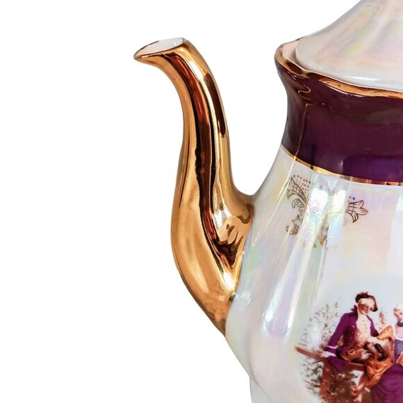 GNA Fine Porcelain 8.5" Tea Pot GOLD Hand Painted Victorian Courtship Iridescent - Picture 3 of 16
